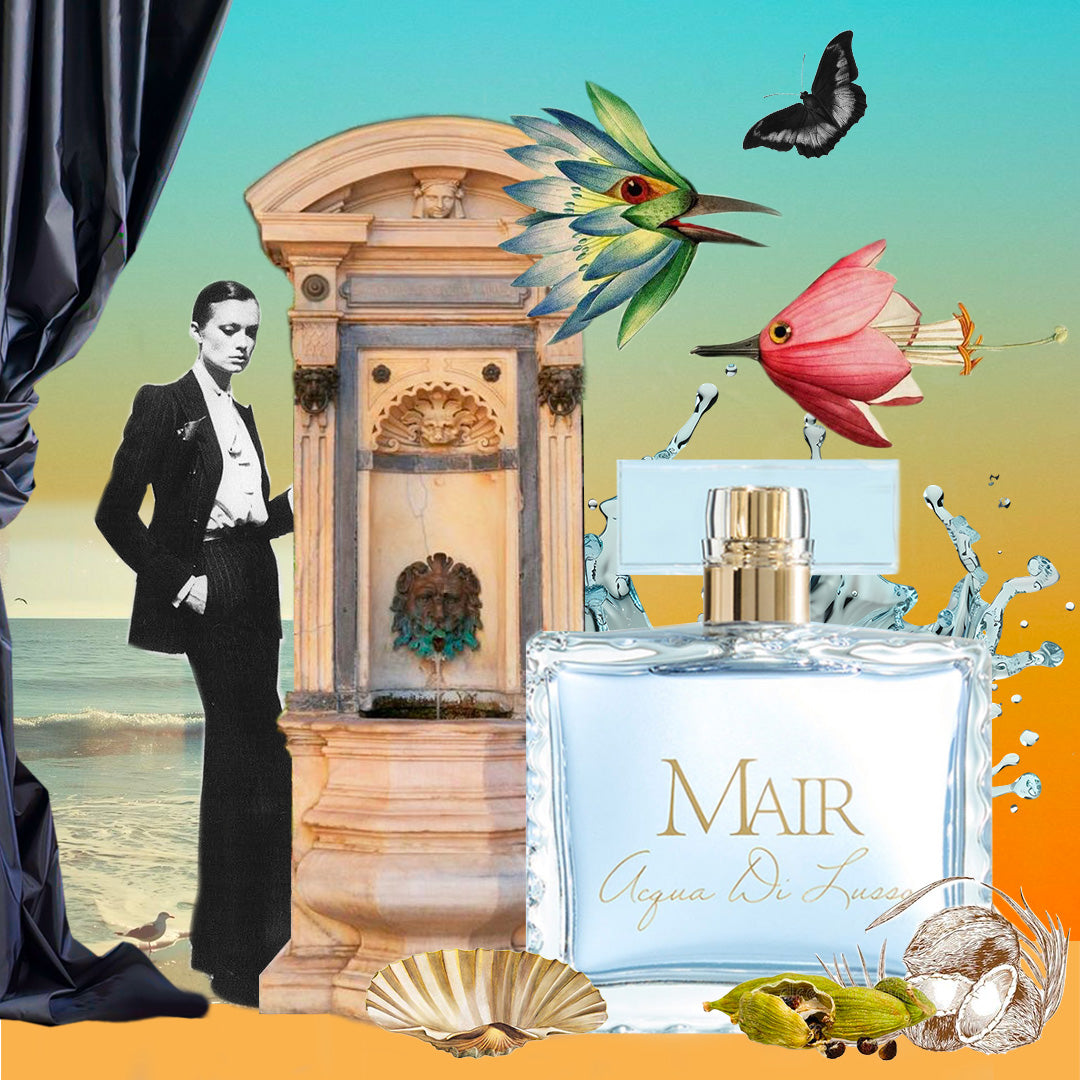 Perfume bottle labeled 'Mair' with decorative elements like a fountain, birds, and seashells.