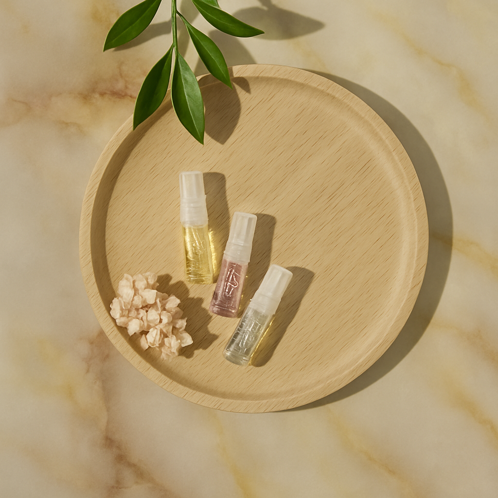 Three small bottles of perfume on a wooden tray with a plant leaf on a beige marble background