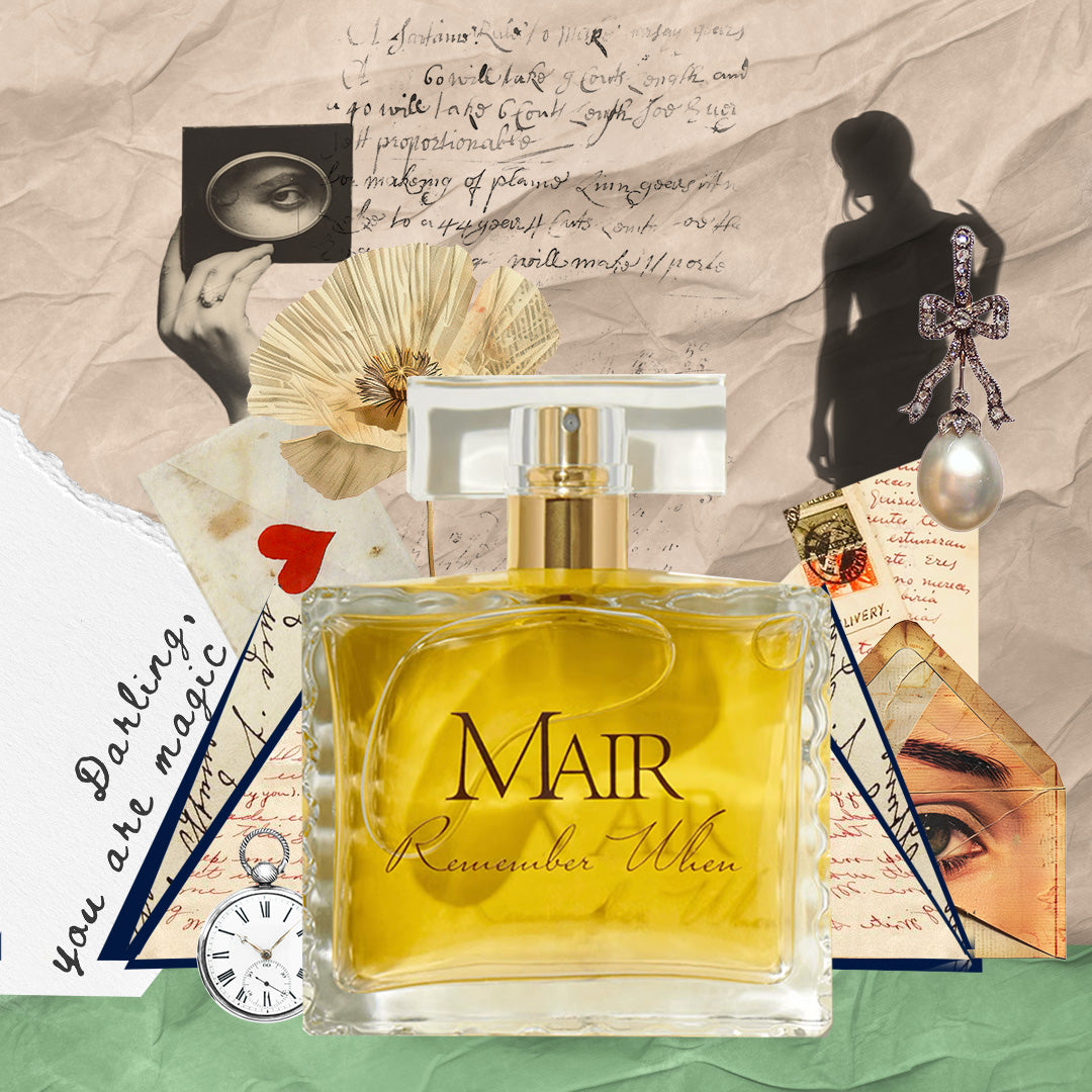 Perfume bottle labeled 'Mair' with decorative elements on a textured background