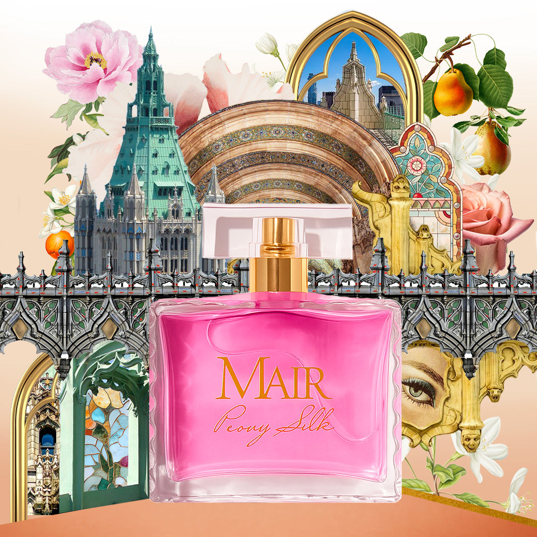 Pink perfume bottle with gold cap labeled 'Mair' against a decorative background with flowers and architecture.