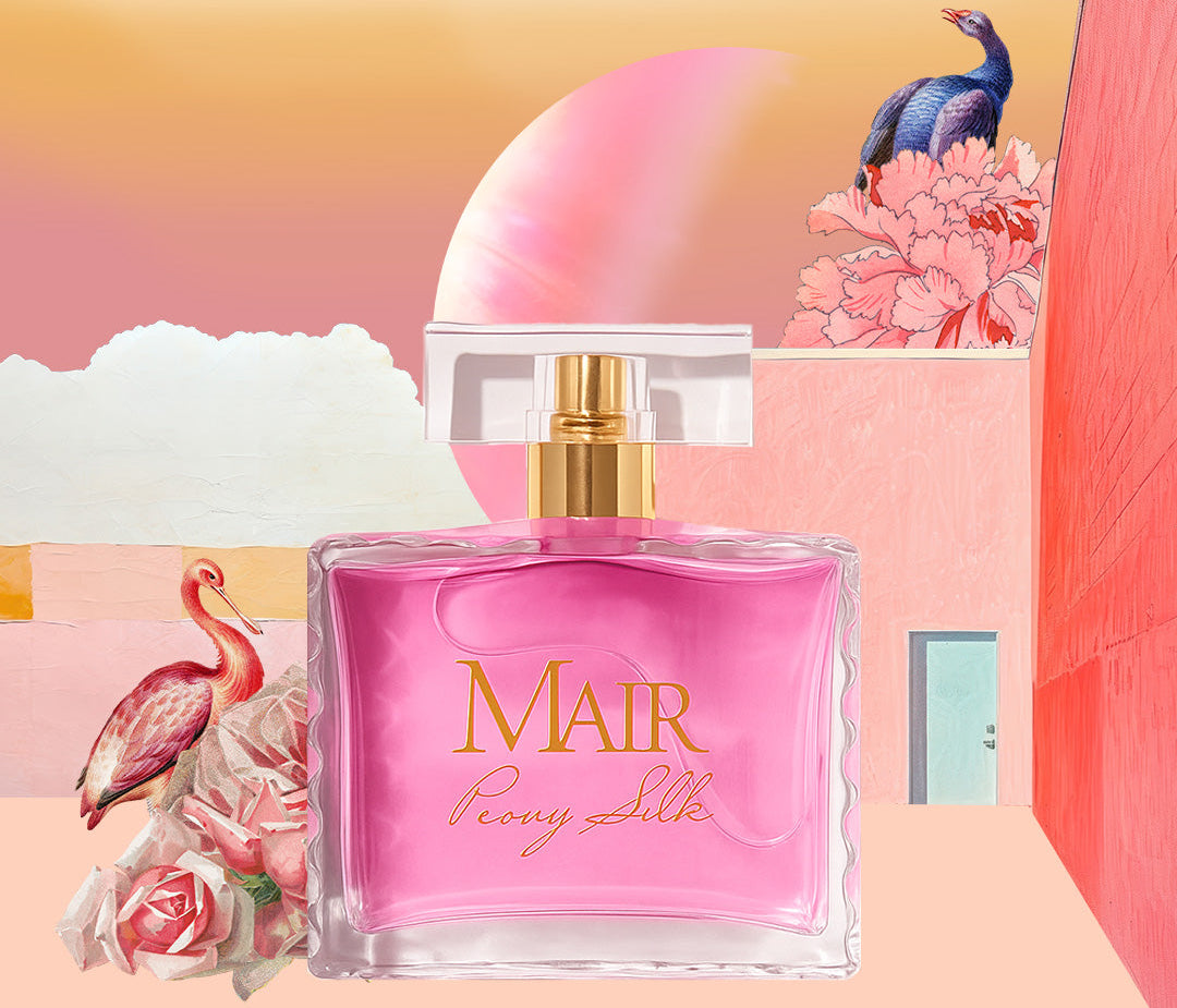 Pink Mair Peony Silk perfume bottle with floral and bird designs on a colorful background