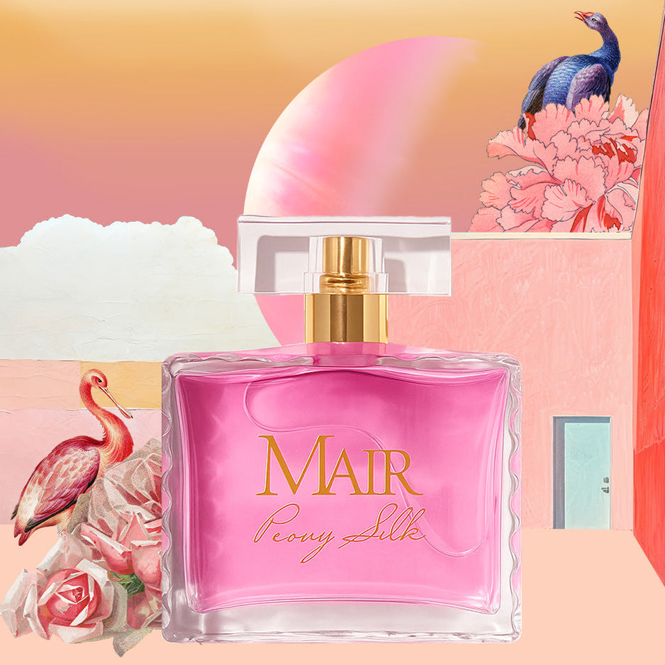 Pink Mair Peony Silk perfume bottle with floral and bird designs on a colorful background