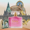 Collage of Peony Silk Perfume with architecture